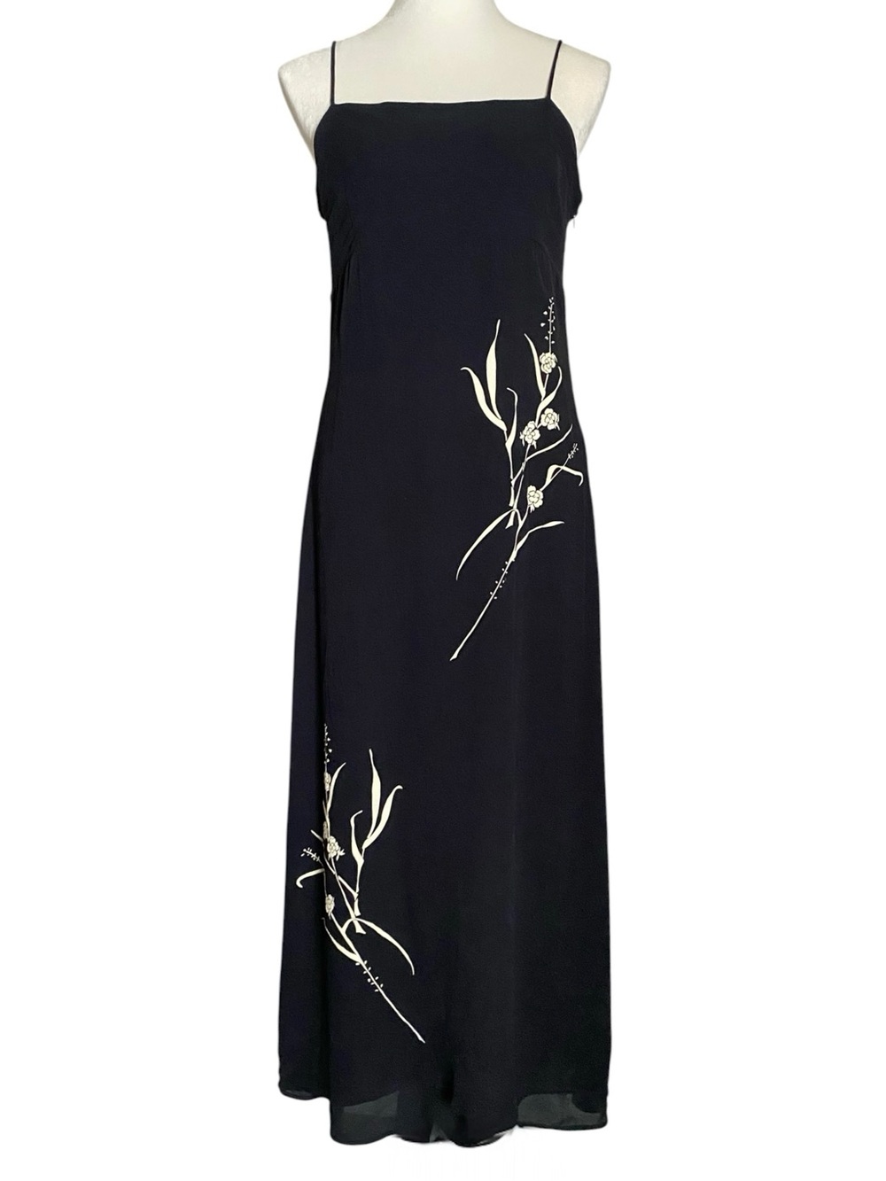Vintage INC 100% Silk Black Floral Print Maxi Slip Dress Y2K